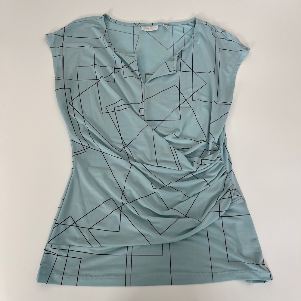 New York & Company Blue Geometric Print Cap Sleeve Wrap Front Blouse Medium